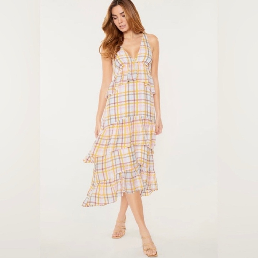 Cinq á Sept Astor Tiered Midi Dress Plaid Summer Rayon Vacation Preppy Size 4